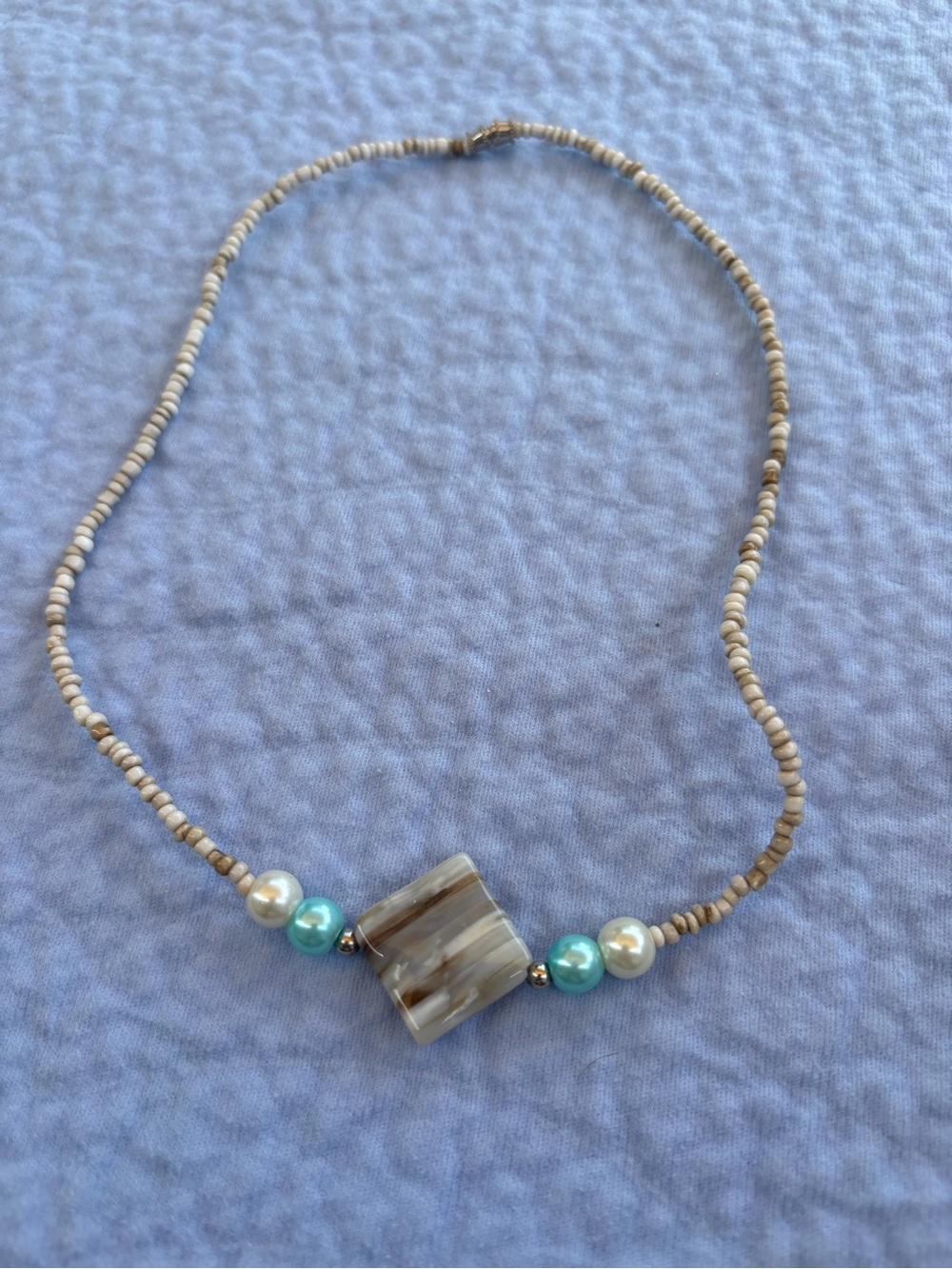 Beaded Neutral and Aqua Glass Pendant Necklace - Unbranded